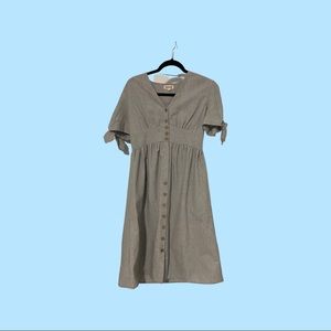 Light gray + white striped midi dress with buttons + bows SIZE MEDIUM